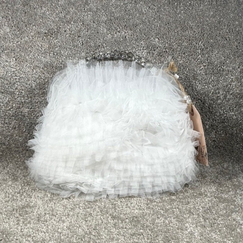 Jewel Badgley Mischka Clutch White Tulle Crystal Handle Bridal Evening Womens